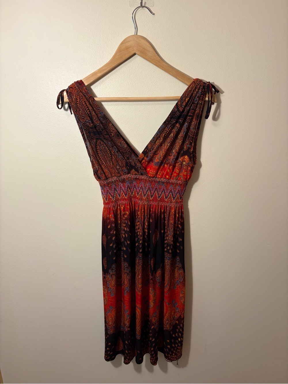 Bohemian V-Neck Red Orange Paisley Summer Dress